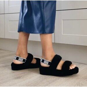 UGG Women's Oh Yeah Fuzzy Slide in Black Size 6